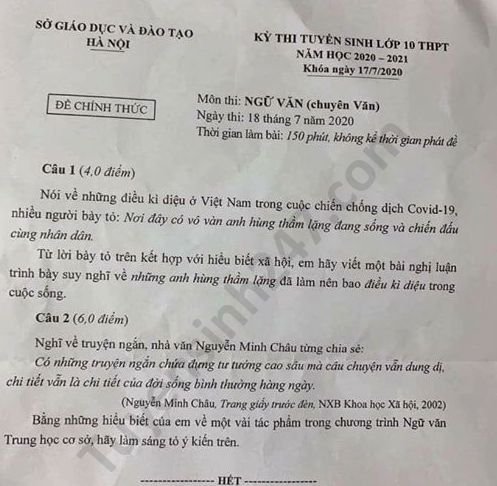 Đề thi vào lớp 10 năm 2020 môn Văn - Chuyên Văn TP Hà Nội
