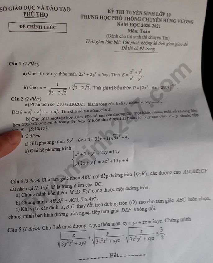 Đề thi môn Toán chuyên Tin vào lớp 10 tỉnh Phú Yên năm 2020