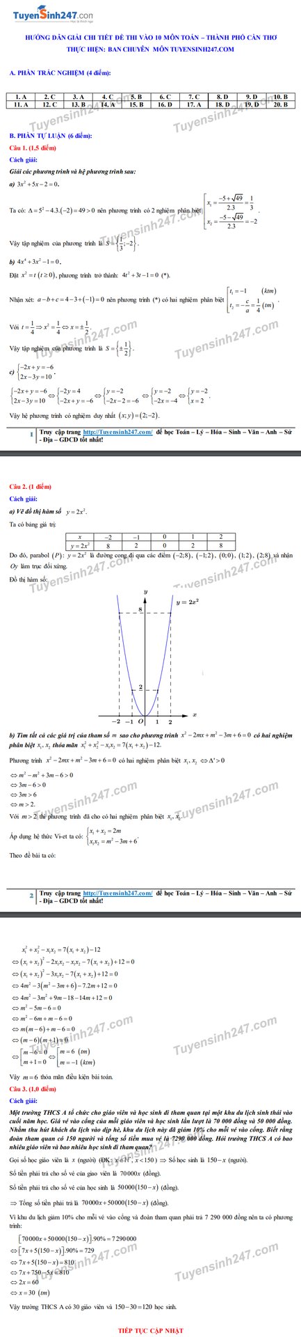 Đáp án đề thi vào lớp 10 năm 2020 môn Toán tỉnh Cần Thơ
