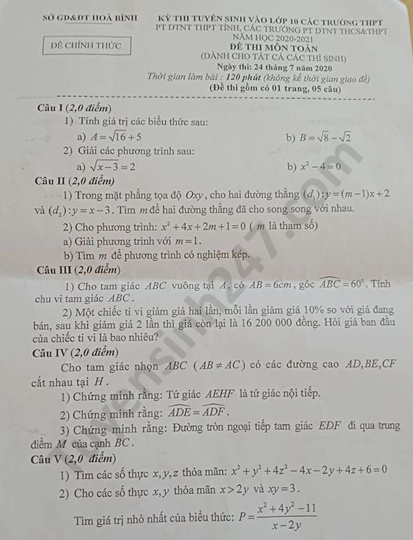 Đề thi vào lớp 10 tỉnh Hòa Bình năm 2020 môn Toán
