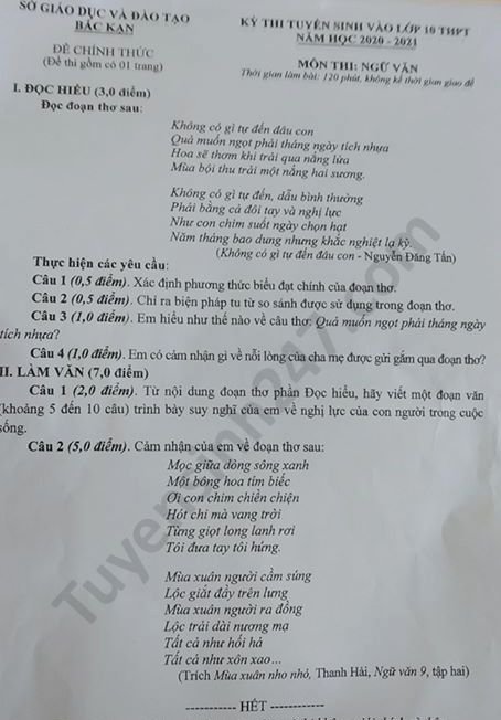 I. Đọc hiểu Câu 1 (0,5 điểm). Xác định phương thức biểu đạt chính của đoạn thơ. Câu 2 (0,5 điểm). Chỉ ra biện pháp tu từ so sánh được sử dụng trong đoạn thơ. Câu 3 (1,0 điểm). Em hiểu như thế nào về câu thơ Quả muốn ngọt phải tháng ngày tích nhựa? Câu 4 (1,0 điểm). Em có cảm nhận gì về nỗi lòng của cha mẹ được gửi gắm qua đoạn thơ?