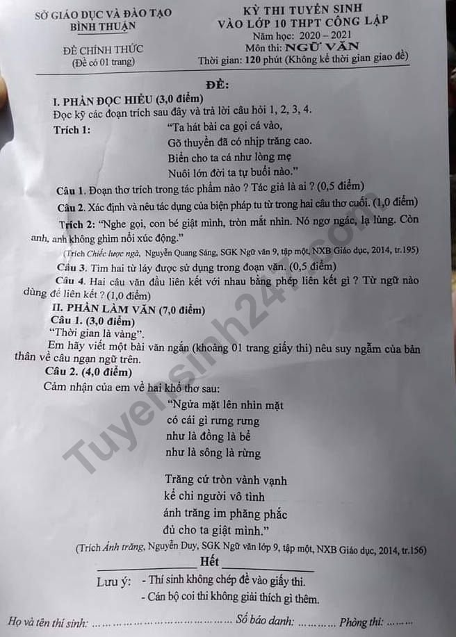 Đề thi vào lớp 10 môn Văn năm 2020 tỉnh Bình Thuận