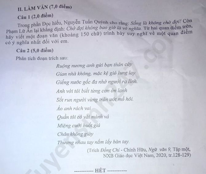 Đề thi vào lớp 10 Cần Thơ môn Văn năm 2020