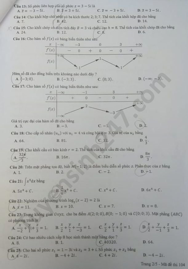 Đề thi THPT Quốc gia 2020 môn Toán mã đề 104 và đáp án