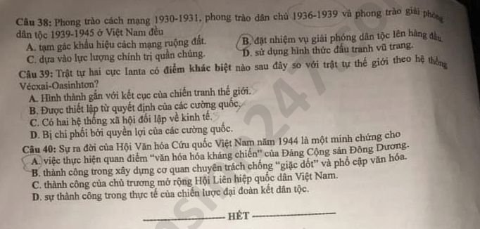 Đề thi môn Lịch sử THPT Quốc gia 2020 mã đề 317