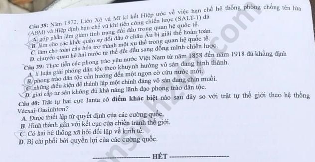 Đề thi môn Lịch sử THPT Quốc gia 2020 mã đề 323