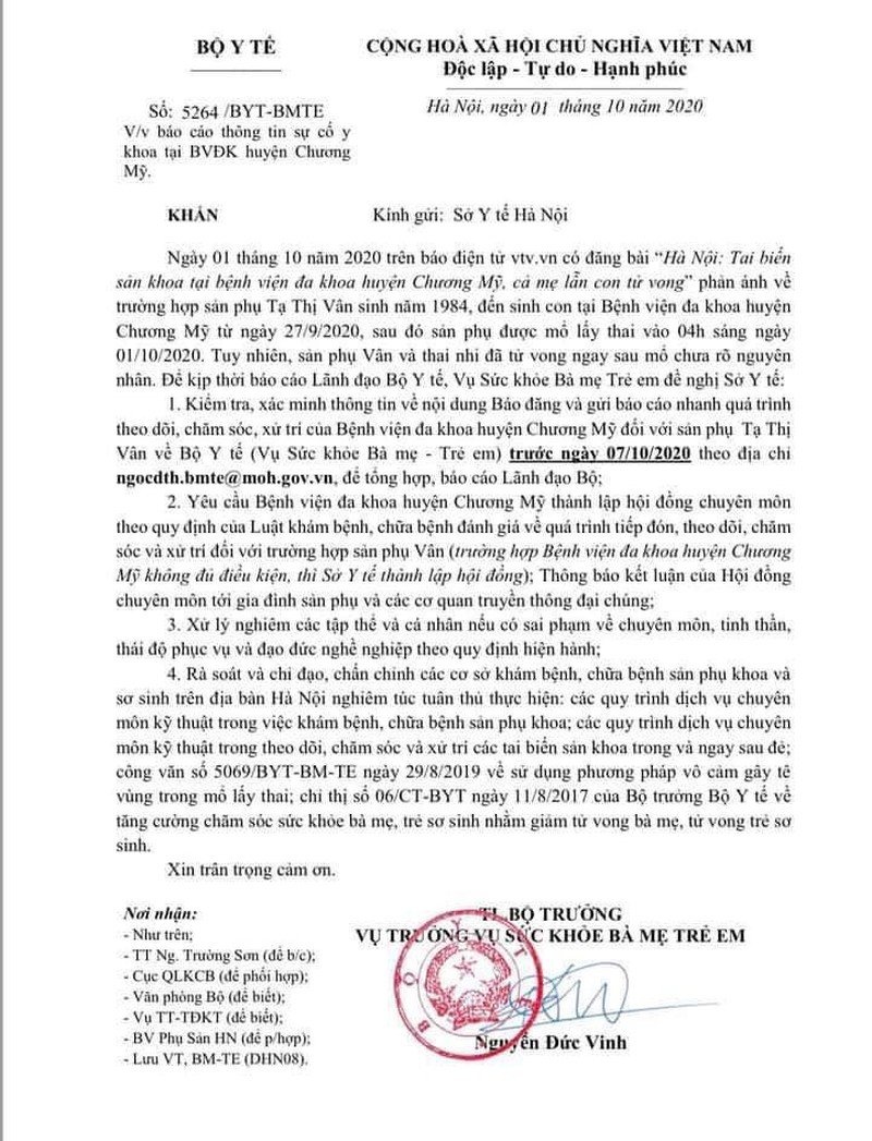 Công văn khẩn gửi Sở Y tế Hà Nội của Vụ Sức khỏe Bà mẹ - Trẻ em, Bộ Y tế