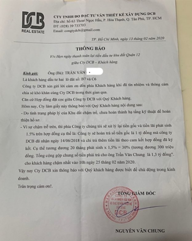 Đã 2 năm trôi qua nhưng khách hàng không nhận được đất cũng chưa được trả lại tiền. (Ảnh: Báo Đất Việt).
