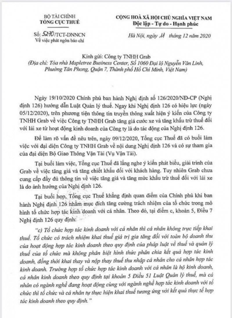 Tổng cục Thuế nhấn mạnh quy định mới tại Nghị định 126 không làm tăng nghĩa vụ thuế của cá nhân tài xế đồng thời cũng không làm tăng giá cước.