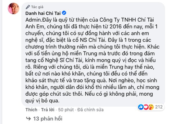 Đại diện cố NS Chí Tài tại Việt Nam cho biết số tiền từ thiện này không liên quan đến tiền phúng viếng trong tang lễ vừa qua