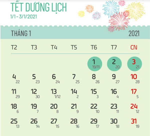 Lịch nghỉ Tết Dương lịch 2021