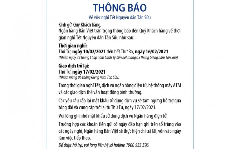 Lịch nghỉ Tết Nguyên đán Tân Sửu 2021 Ngân hàng Viet Capital Bank
