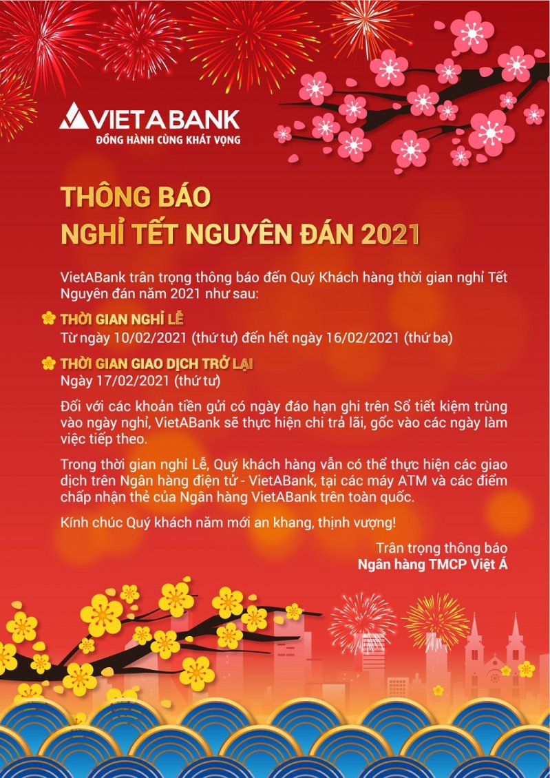 Lịch nghỉ Tết Nguyên đán Tân Sửu 2021 Ngân hàng VietABank