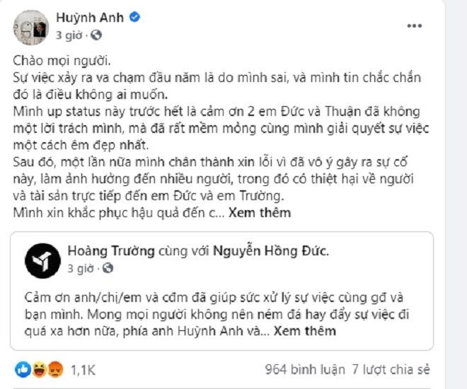 Huỳnh anh đăng bài trên trang cá nhân để nói về sự việc.